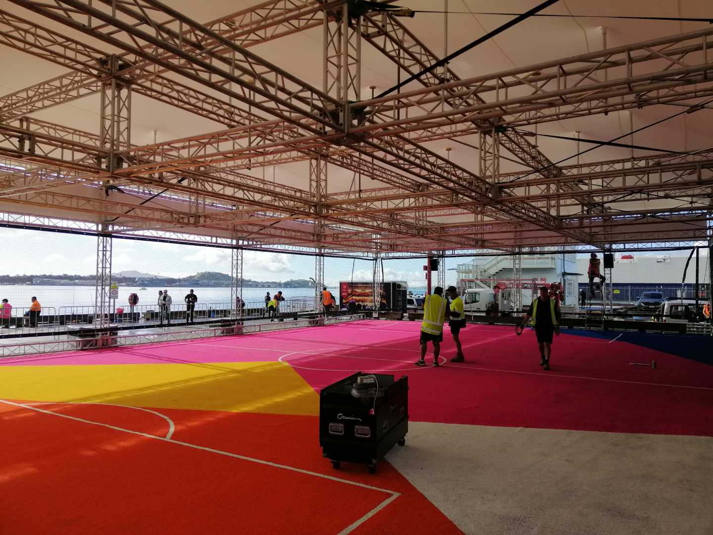 Large temporary covered truss structure prepared for a public sporting event